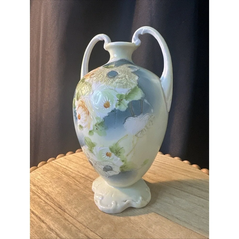 Nippon Double Handle Vase Blue Green yellow Flowers Antique